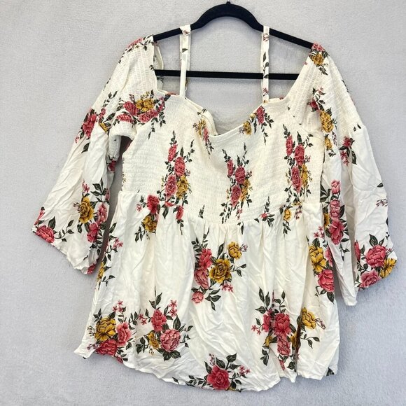 Torrid Size 3 Smocked Floral Off the Shoulder Top 3X Colorful 3/4 Sleeve Boho - Picture 1 of 10